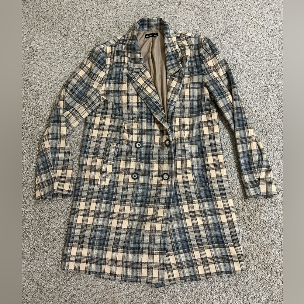 Akair Flannel Plaid Winter Coat Beige Navy Women's Size Medium Cotton Button Up